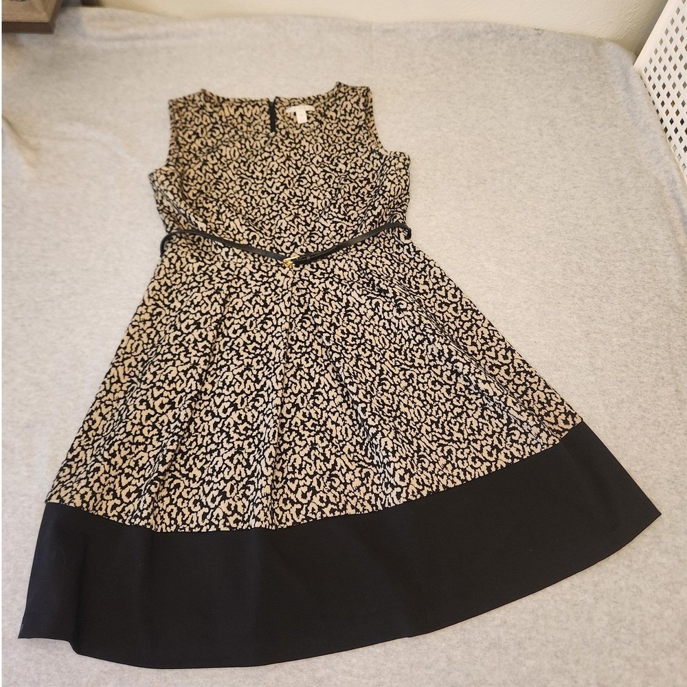 Dana Buchman Dress‎ Womens 12 Black Beige Animal Print Fit & Flare A-Line Belted